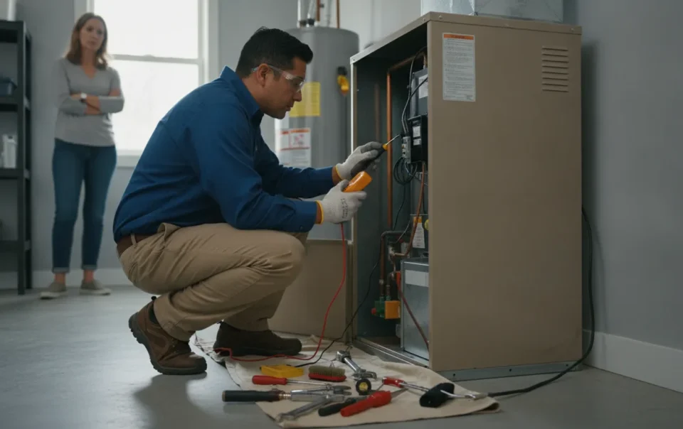 HVAC technician inspecting an indoor air handler during a DFW repair visit