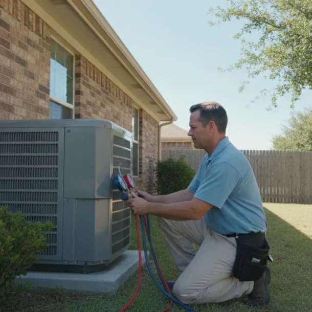 HVAC technician reviewing a new outdoor air conditioning unit beside a North Texas home