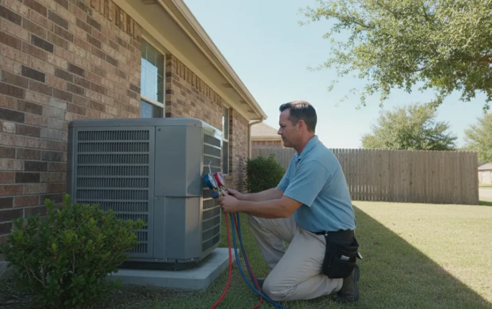 HVAC technician reviewing a new outdoor air conditioning unit beside a North Texas home
