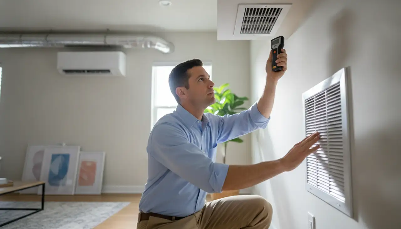 HVAC technician checking airflow at a supply vent in a Murphy, Texas home
