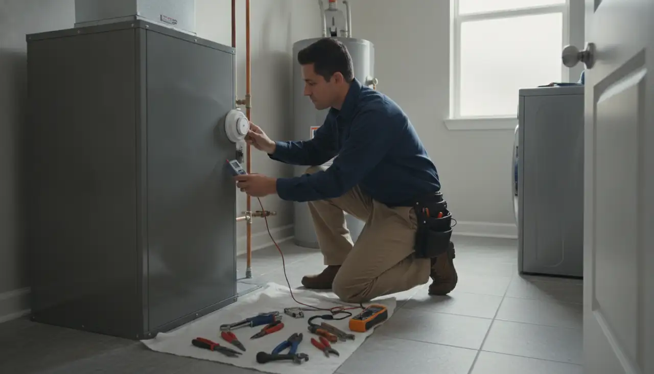 HVAC technician inspecting a Carrier air handler in a Murphy, Texas home