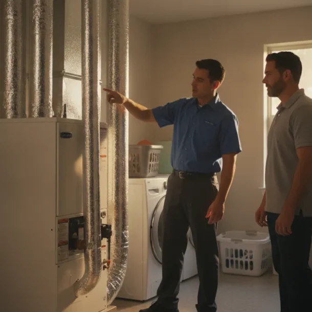 HVAC technician reviewing a new furnace installation in a DFW home