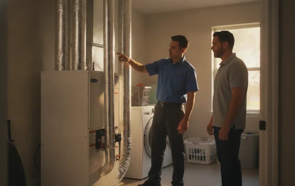 HVAC technician reviewing a new furnace installation in a DFW home