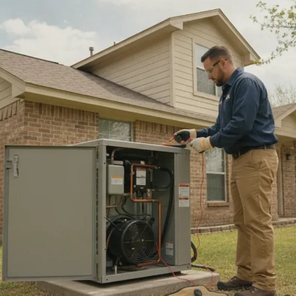 HVAC technician inspecting a residential heat pump outside a North Texas home
