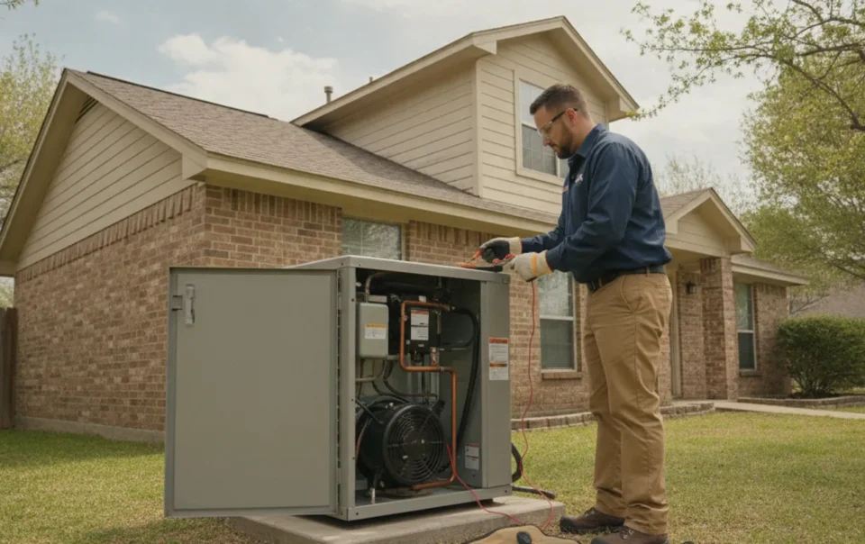 HVAC technician inspecting a residential heat pump outside a North Texas home