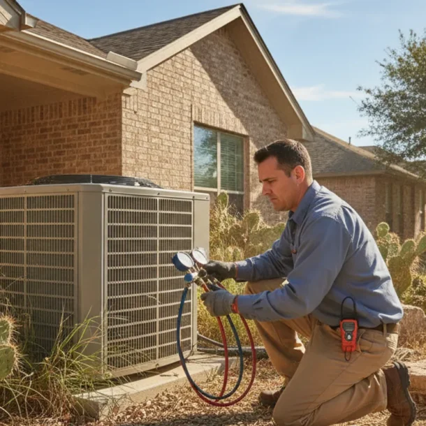 HVAC technician inspecting an outdoor air conditioning unit beside a Dallas-Fort Worth home