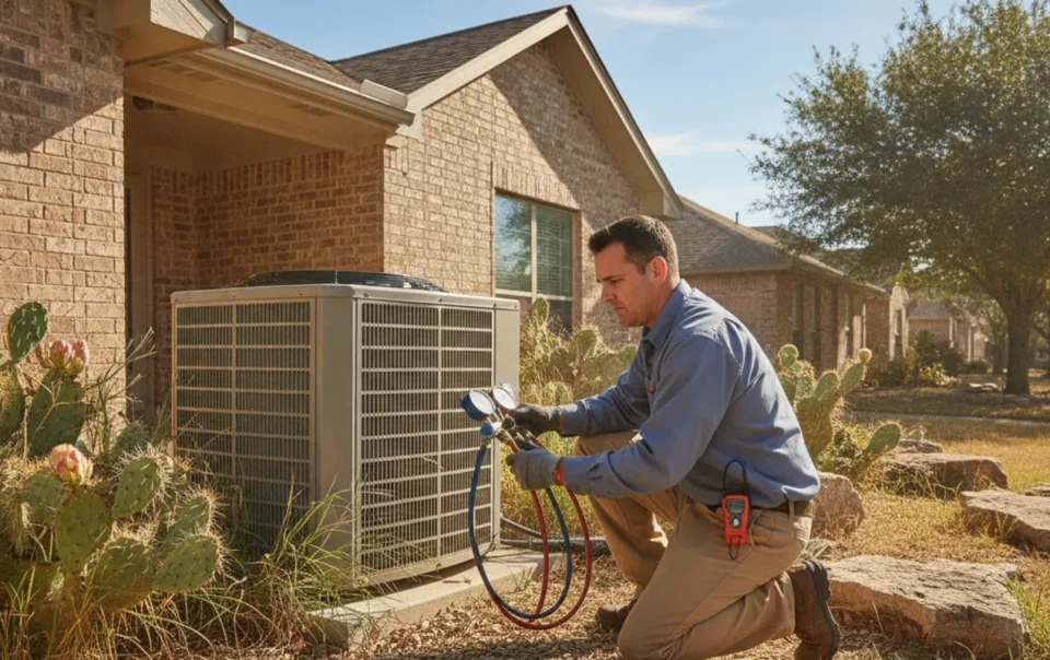 HVAC technician inspecting an outdoor air conditioning unit beside a Dallas-Fort Worth home