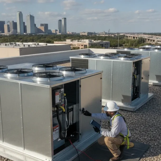 Commercial rooftop HVAC units on a low-rise building in Dallas Fort Worth
