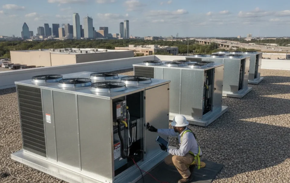 Commercial rooftop HVAC units on a low-rise building in Dallas Fort Worth