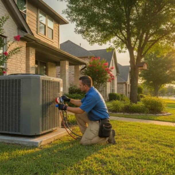HVAC technician evaluating an outdoor air conditioning unit beside a Dallas-Fort Worth home
