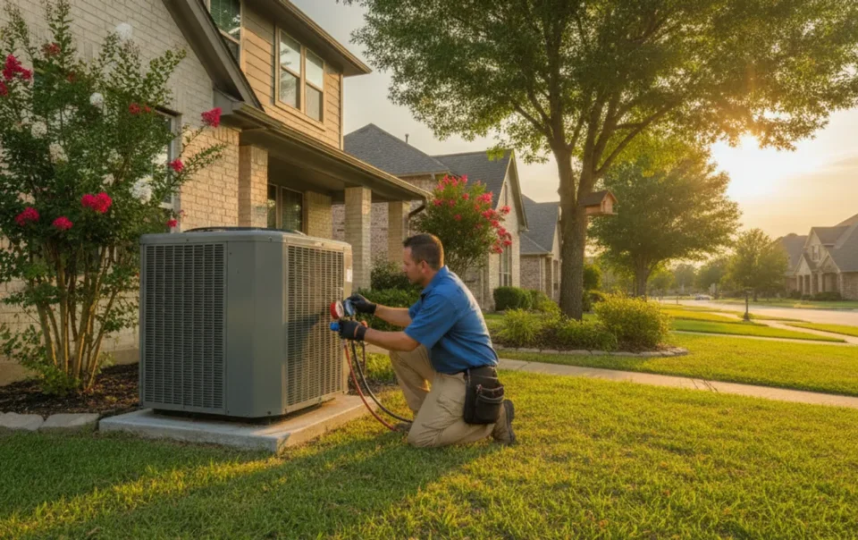 HVAC technician evaluating an outdoor air conditioning unit beside a Dallas-Fort Worth home