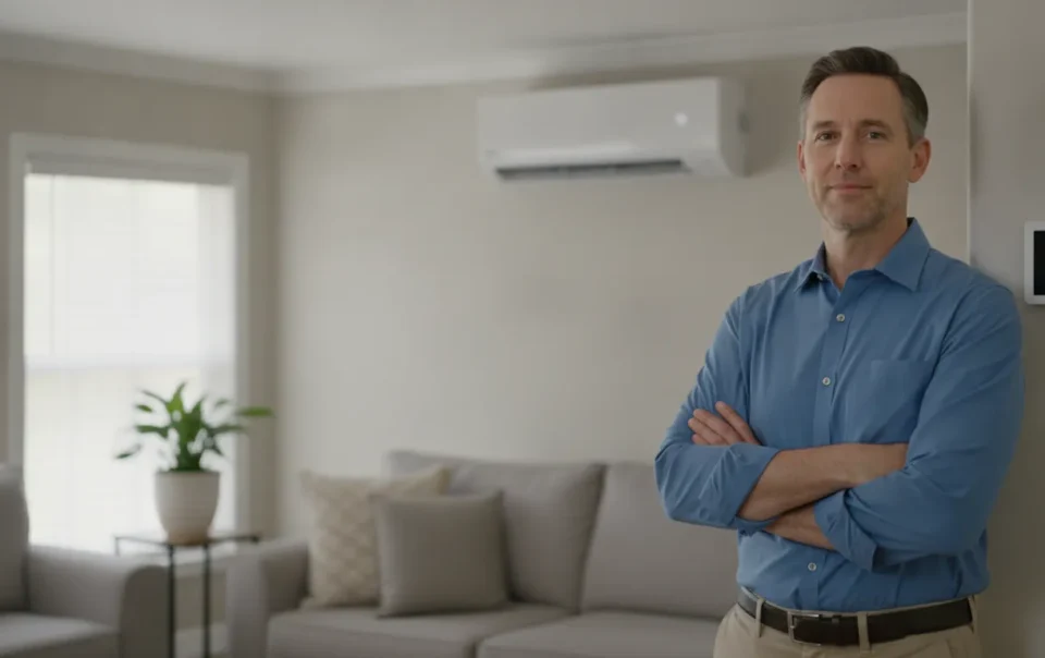 DFW homeowner checking a blank wall thermostat