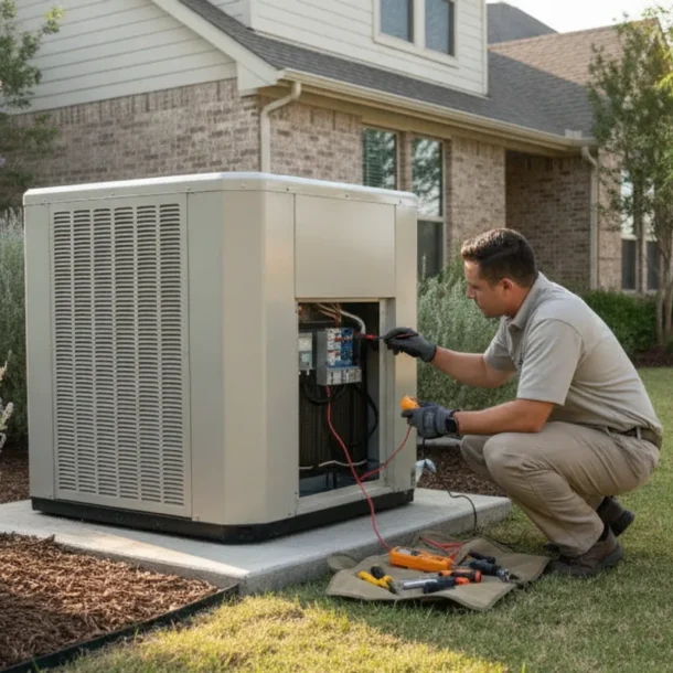 HVAC technician checking a new central air conditioner beside a North Texas home