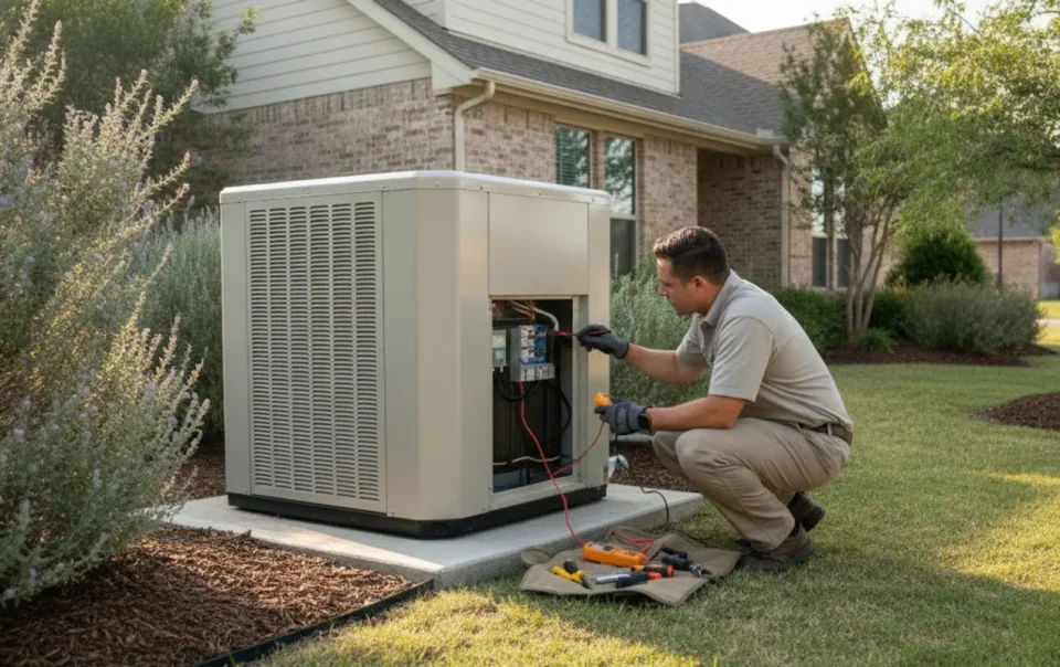 HVAC technician checking a new central air conditioner beside a North Texas home