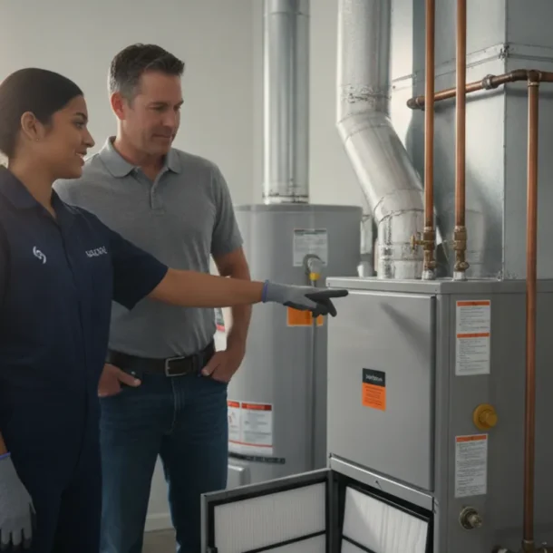 HVAC technician reviewing a home heating and cooling system with a homeowner
