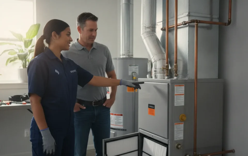 HVAC technician reviewing a home heating and cooling system with a homeowner